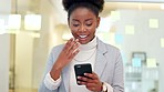 Surprised business woman reading a message on a phone and gasping with excitement. Cheerful, lucky and happy young female looking shocked while receiving good news about a successful deal or bonus
