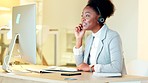 Call center agent consulting a client via a video call from her office. A female customer service employee in a virtual meeting talking to an insurance buyer. A woman telephone sales worker working