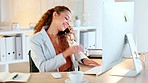 Marketing agent talking on a phone and using a computer to network with clients or negotiate deals. Friendly professional sitting in office, multitasking and connecting with customers on technology