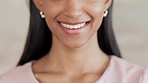 Lady with clean teeth smiling after her dentist appointment. Close up portrait of unrecognizable womans mouth with white teeth, cheerful after teeth whitening dental treatment. Woman with pretty lips