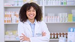 Medical Professional working at chemist ready to give great healthcare customer service to sick patients. Happy female nurse happy to help people get medicine treatment at her pharmacy retail store
