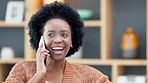 Business woman answering her phone, smiling, laughing and chatting in the office. Happy female designer making a phonecall to a customer, client or colleague to discuss and brainstorm creative ideas