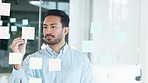 Project manager writing on visual aid board to plan ideas and visualize business strategy. Happy, confident and thoughtful businessman showing ambition and dedication while working in an office