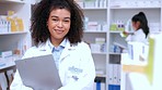 Portrait of a happy pharmacist working in a chemist. Face of a beautiful young female healthcare worker and pharmacy assistant dispensing over the counter and prescription medication in a drugstore