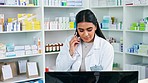 Pharmacist behind a drugstore counter talking to a customer on the phone to confirm a prescription order. A doctor consulting with a patient recommending medication, indicating dosage instructions.