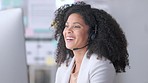 African American female sales or customer service agent working in a call centre, talking to a client with a headset. A business woman in a video meeting conference with her colleagues or boss.