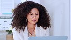 Human resource manager browsing laptop, thinking and reviewing employee contracts or plan office schedule. Portrait of confident hiring boss with afro innovating team building exercises on technology