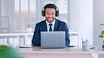 Insurance agent talking to a client via video call in his office on the laptop. Broker with wireless headphones gives great customer service advice to a buyer at the help desk in his workplace