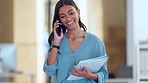 Discussions, business plans and decisions being made over a phone call by a businesswoman at an advertising agency, startup company or law firm. Happy, smiling and confident woman talking on a call
