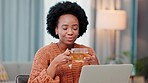 Portrait of female having relaxing cup of tea while working in office. Black business woman taking a break to enjoy a refreshing drink. Lady having calming, tasty beverage before responding to emails