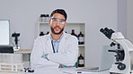 Confident, happy and smiling science worker with arms crossed after finishing and discovering virus cure in laboratory. Portrait of scientist or biologist typing test on laptop after medical research