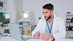 Frustrated, angry and stressed scientist hitting his laptop in anger after getting bad test results in a lab. Medical worker and researcher depresed and upset after a failure in science experiment