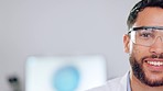 Scientist, medical worker and chemist wearing safety goggles and smiling while working in laboratory with copy space. Closeup face of a medical researcher in a science lab or research facility