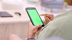 Green screen, copy space and chroma key on phone for website, marketing and promotion. Closeup of woman hands scrolling, browsing and searching online. Lady reading fake news and joining dating app