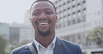 Smiling, happy and ambitious business man with a vision for success, growth mindset and innovation strategy in city, town or downtown. Closeup headshot, portrait and face of entrepreneur on a mission