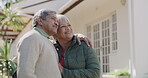 New house, home loan or bank loan approved for a senior couple standing outside their home on a weekend. Loving, happy and joyful mature or old lovers with a retirement investment in property