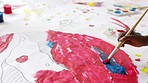 Creative, painting and fun school activity for kids in learning and playing together in class. Hands of young children and friends paint colorful pictures and drawings on the floor in kindergarten