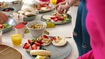 Fun, healthy and colorful breakfast food for children with fresh fruit and snacks. Closeup on group of friends, girls and kids making delicious and tasty meal on morning at home