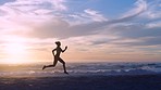 Fitness, energy and healthy lifestyle of athlete running along the beach at sunset. Athletic sporty female silhouette training outdoors, having early cardio run to practice speed and endurance