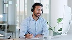Businessman on video conference call, virtual meeting or online consultation wearing headset. Professional information technology manager looking confident and happy after a successful global webinar