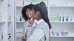 Doctor helping patient or customer with medicine at pharmacy or drugstore. Happy, cheerful and young Afro pharmacist or healthcare worker giving pills for health treatment of pain relief and healing