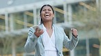 Excited, happy and dancing business woman with phone celebrating deal, promotion and online sale in a city. Smiling, successful and cheerful freelance entrepreneur cheering after winning the lottery