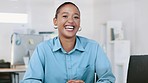 Happy, proud and confident black female lawyer laughing and sitting at a desk in a modern office. Portrait of a relaxed and a carefree African American attorney ready to help with legal advice