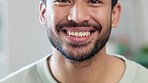 Smiling, teeth and healthy mouth and positive face of man looking happy. Closeup, clean and attractive adult patient satisfied with dental medical treatment, dentist health advert over copy space.