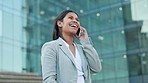 Businesswoman talking, chatting and holding phone while looking confident and happy outside a modern building copy space and background. One trendy corporate worker having an online conversation