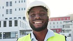 Smiling, laughing and happy contractor, engineer and supervisor working at construction site outside. Portrait of a cheerful black foreman managing a successful building project and urban development