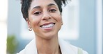 Face portrait of business woman in city, smile for success and motivation in morning for work. Brazilian employee, worker or corporate professional person in town with vision for future goal
