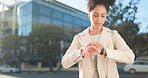 Travel, watch and black woman on time for her job interview in the morning while walking on the city street alone. Calm, confident and young girl on her commute journey to the bus or train station