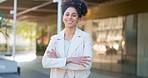 Happy, business and woman with smile in success and proud entrepreneur with a vision in the city. Portrait of a black Brazilian female employee or worker in happiness for company goals in a town.