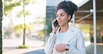 Communication and girl talking on 5g phone call happy, smile and standing in an urban city, street or town. Conversation, discussion and young fashion black woman speaking on a mobile smartphone call