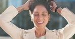 Happy, business woman and city with smile for success in playful hair and joy on a sunny day in a town. Portrait of a Black Brazilian female, smiling and joyful fun playing with curls in summer.