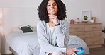 Happy black woman, phone and relax in bedroom for wifi connection, 5G network speed and social media at home. Portrait of female in happiness for mobile technology on a smartphone in online success.