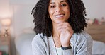 Happy black woman, smile and teeth in the bedroom at home in joy, relax and comfort in happiness. Portrait of a beautiful Brazilian female smiling and relaxing with hand on her face in a house.