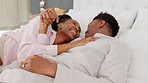 Love, happy and couple in bedroom relax with husband and wife on their honeymoon vacation in airbnb, hotel room. Happiness, marriage and embrace with young relationship black man and woman together