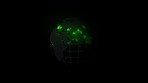 Digital green spinning globe, world map animation and future hologram concept. Earth, sphere or orb and planet illustration, ui data or network, business and nation communication on dark background