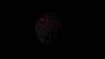 Futuristic globe, abstract world and covid data of global healthcare disaster, wellness crisis and pandemic. Red light map pattern, future 3d design and economy depression hologram of medical science