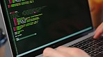 Code, programming and computer language with the hands of a coder or programmer typing on a laptop keyboard for coding. Cyber security, analytics and writing with computing technology and mainframe