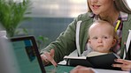 Leadership, startup and business mother with baby working with tablet, teamwork or collaboration in office. Planning, strategy and tech mom with child in business meeting, KPI and SEO presentation