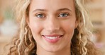 Smile, portrait and face of blonde woman for beauty, cosmetics or makeup expression or emotion. Happy, freedom and jewellery with young caucasian female for youth happiness and lifestyle