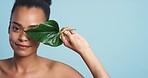 Skincare, black woman and beauty model portrait with healthy, wellness and clear skin with smile. Happy, cosmetic plant or flower and healthy natural facial skin with mock up space in studio.