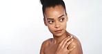Black woman, beauty and luxury skincare or body care isolated and posing against a grey studio background. Beautiful African female in healthy, fresh and smooth skin in spa satisfaction or treatment
