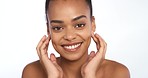 Beauty, skincare and black woman in portrait and white background in studio with a healthy, smile and natural face. Happy, young and African girls facial dermatology routine with mockup space