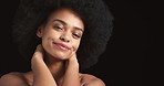 Happy black woman, skincare and beauty afro smile in satisfied luxury care against a dark studio background. Portrait of a African female face in beautiful cosmetics and makeup facial in happiness