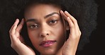 Black woman, afro and face skincare on a studio background with hand touching glowing skin. Beauty model zoom portrait with fashion hair, cosmetics makeup and health wellness in self care dermatology