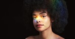 Rainbow light on black woman model with beauty cosmetics skincare glow and nude facial prism makeup tutorial. Happy colorful and creative African girl makeup artist in dark background studio mockup