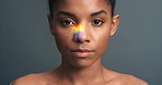 Rainbow light, portrait face and black woman with beauty skincare for health, smile for wellness and skin makeup against grey mockup studio background. Model with smile for support of lgbtq community